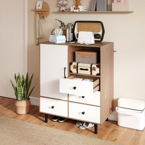 Buffet Bas Cuisine, Meuble Cuisine Rangement Avec 4 Tiroirs, Placard à Porte, Compartiment Ouvert