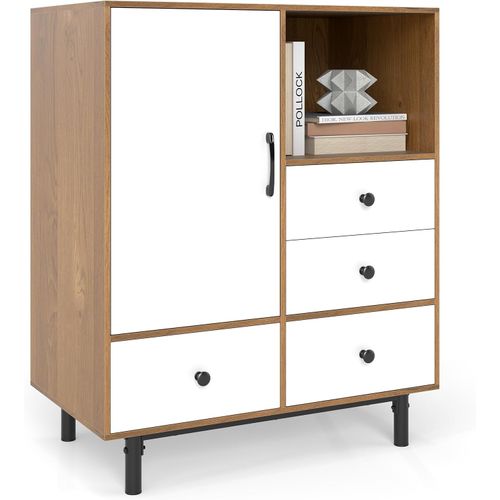 Buffet Bas Cuisine, Meuble Cuisine Rangement Avec 4 Tiroirs, Placard à Porte, Compartiment Ouvert