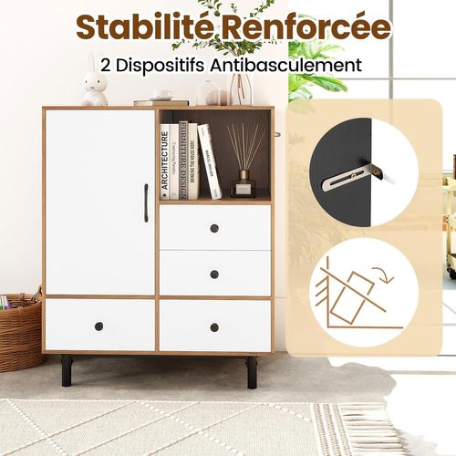 Buffet Bas Cuisine, Meuble Cuisine Rangement Avec 4 Tiroirs, Placard à Porte, Compartiment Ouvert