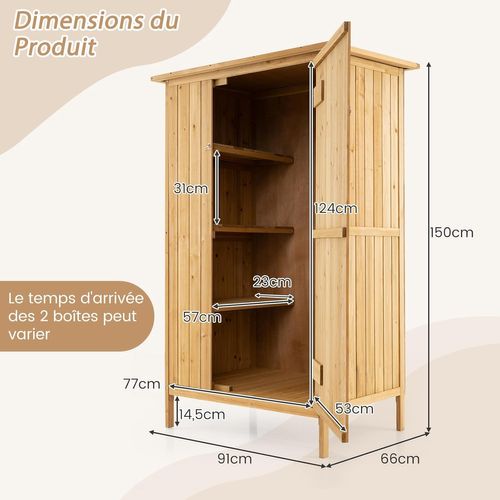 Armoire Jardin Bois Extérieure Avec Toit En Asphalte, 3 Étagères, 5 Crochets En Métal, Naturel
