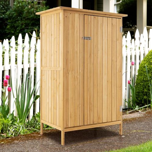 Armoire Jardin Bois Extérieure Avec Toit En Asphalte, 3 Étagères, 5 Crochets En Métal, Naturel