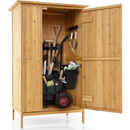 Armoire Jardin Bois Extérieure Avec Toit En Asphalte, 3 Étagères, 5 Crochets En Métal, Naturel