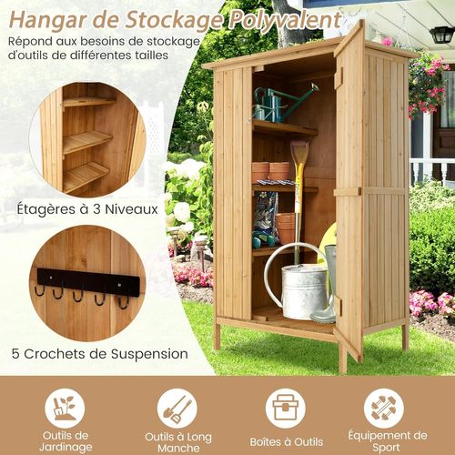 Armoire Jardin Bois Extérieure Avec Toit En Asphalte, 3 Étagères, 5 Crochets En Métal, Naturel