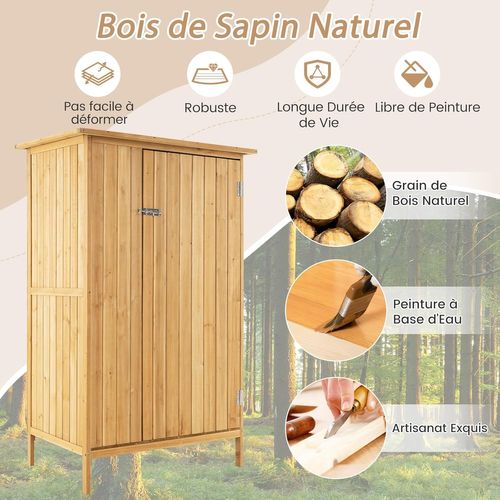 Armoire Jardin Bois Extérieure Avec Toit En Asphalte, 3 Étagères, 5 Crochets En Métal, Naturel