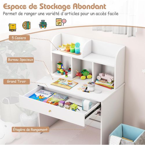 Bureau Enfant En Bois Avec 5 Compartiments et Tiroir,table Enfant ,charge 90kg, 3 Ans+ (blanc)