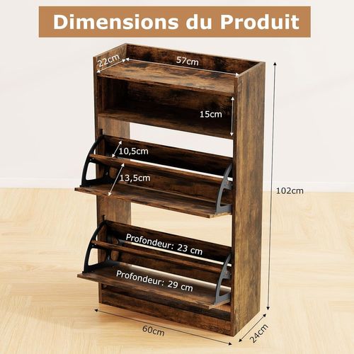 Meuble Chaussure Entree, 2 Portes Abattants, Étagères Réglables, 60 X 24 X 102 Cm (industriel)