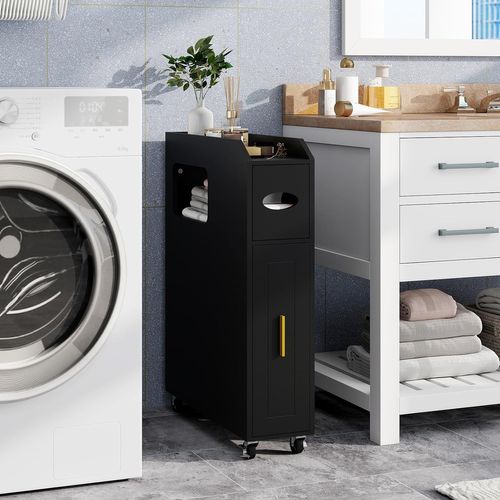 Petit Meuble De Salle De Bain, Meuble De Rangement Fin De 16 Cm Sur Roulette, Tiroir Coulissant,noir