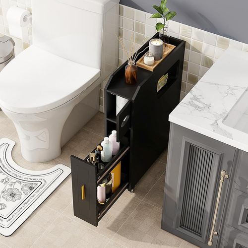 Petit Meuble De Salle De Bain, Meuble De Rangement Fin De 16 Cm Sur Roulette, Tiroir Coulissant,noir