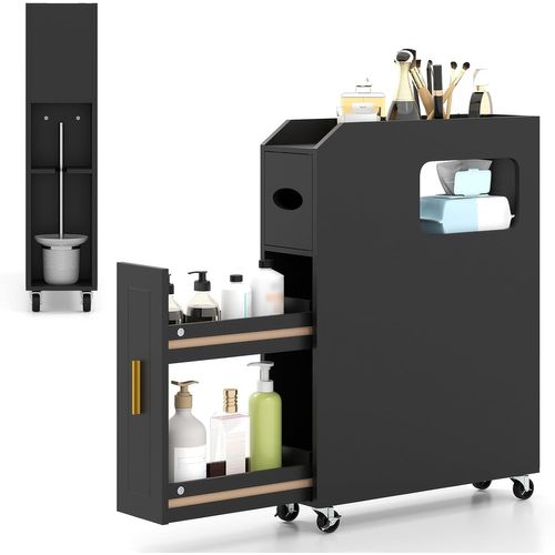 Petit Meuble De Salle De Bain, Meuble De Rangement Fin De 16 Cm Sur Roulette, Tiroir Coulissant,noir