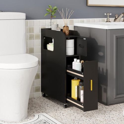 Petit Meuble De Salle De Bain, Meuble De Rangement Fin De 16 Cm Sur Roulette, Tiroir Coulissant,noir