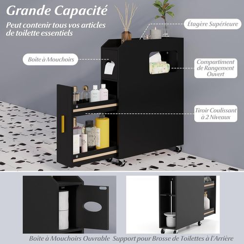 Petit Meuble De Salle De Bain, Meuble De Rangement Fin De 16 Cm Sur Roulette, Tiroir Coulissant,noir