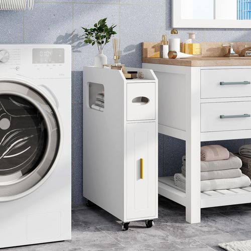 Petit Meuble De Salle De Bain, Meuble De Rangement Fin De 16 Cm Sur Roulette,blanc