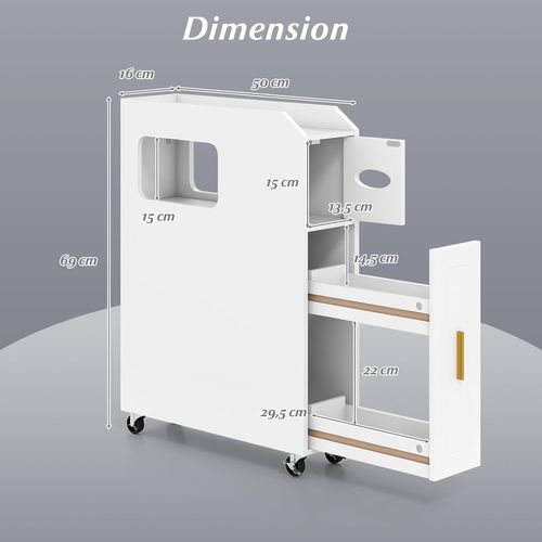 Petit Meuble De Salle De Bain, Meuble De Rangement Fin De 16 Cm Sur Roulette,blanc