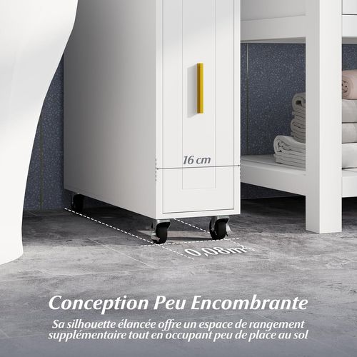 Petit Meuble De Salle De Bain, Meuble De Rangement Fin De 16 Cm Sur Roulette,blanc