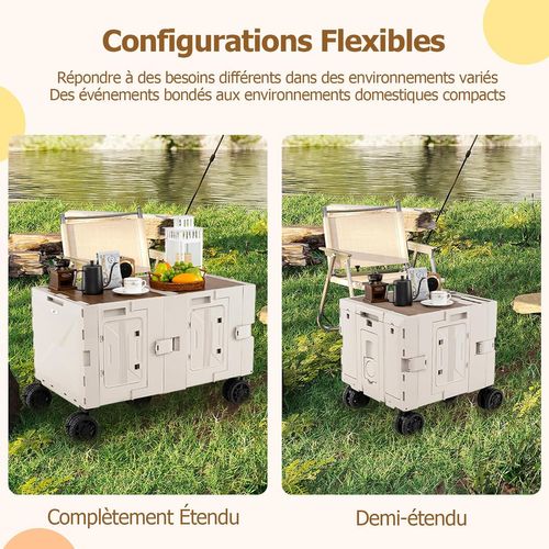 Grand Chariot De Plage Pliable Avec Caisses De Rangement à 2 Niveaux, 5 Roues Pivotantes (blanc)