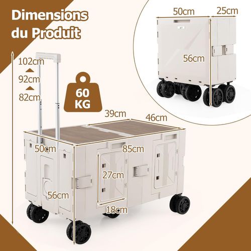 Grand Chariot De Plage Pliable Avec Caisses De Rangement à 2 Niveaux, 5 Roues Pivotantes (blanc)