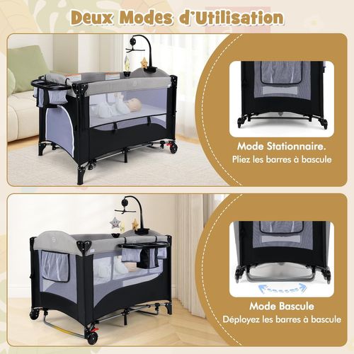 Lit Parapluie Bébé 6 En 1 Évolutif, 5 Hauteurs, Matelas, Table à Langer, 0-3 Ans (noir)