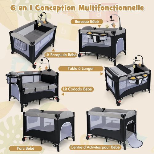 Lit Parapluie Bébé 6 En 1 Évolutif, 5 Hauteurs, Matelas, Table à Langer, 0-3 Ans (noir)