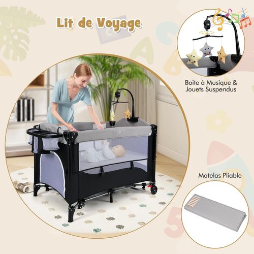 Lit Parapluie Bébé 6 En 1 Évolutif, 5 Hauteurs, Matelas, Table à Langer, 0-3 Ans (noir)