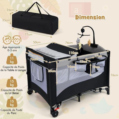 Lit Parapluie Bébé 6 En 1 Évolutif, 5 Hauteurs, Matelas, Table à Langer, 0-3 Ans (noir)