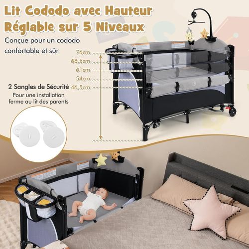 Lit Parapluie Bébé 6 En 1 Évolutif, 5 Hauteurs, Matelas, Table à Langer, 0-3 Ans (noir)