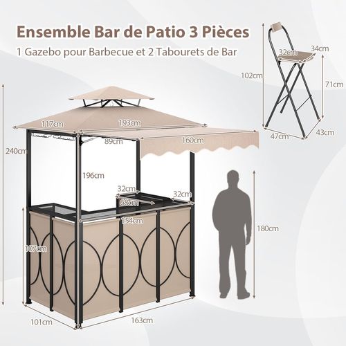 Tonnelle De Barbecue 3 Pièces Extérieur Avec 2 Chaises Pliables Auvent et Table De Bar (marron)
