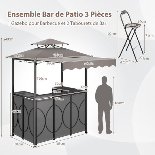 Tonnelle De Barbecue 3 Pièces Extérieur Avec 2 Chaises Pliables Auvent et Table De Bar (gris)
