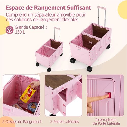 Grand Chariot De Plage Pliable Avec Caisses De Rangement à 2 Niveaux, 5 Roues Pivotantes (rose)