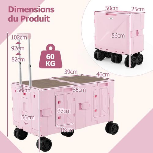 Grand Chariot De Plage Pliable Avec Caisses De Rangement à 2 Niveaux, 5 Roues Pivotantes (rose)