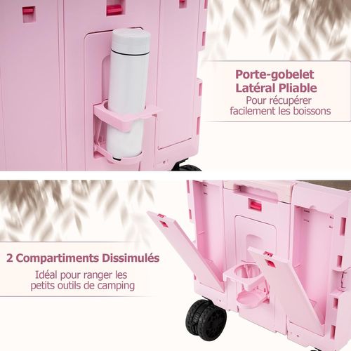 Grand Chariot De Plage Pliable Avec Caisses De Rangement à 2 Niveaux, 5 Roues Pivotantes (rose)