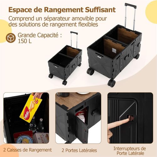 Grand Chariot De Plage Pliable Avec Caisses De Rangement à 2 Niveaux, 5 Roues Pivotantes (noir)
