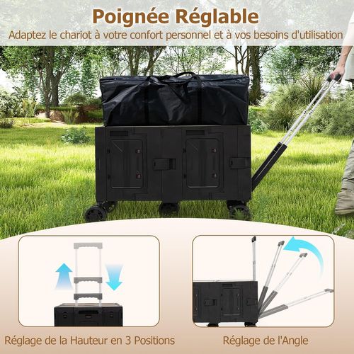 Grand Chariot De Plage Pliable Avec Caisses De Rangement à 2 Niveaux, 5 Roues Pivotantes (noir)