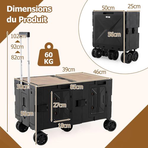 Grand Chariot De Plage Pliable Avec Caisses De Rangement à 2 Niveaux, 5 Roues Pivotantes (noir)