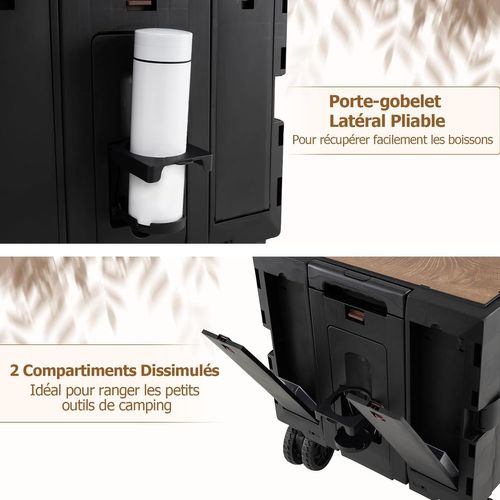 Grand Chariot De Plage Pliable Avec Caisses De Rangement à 2 Niveaux, 5 Roues Pivotantes (noir)