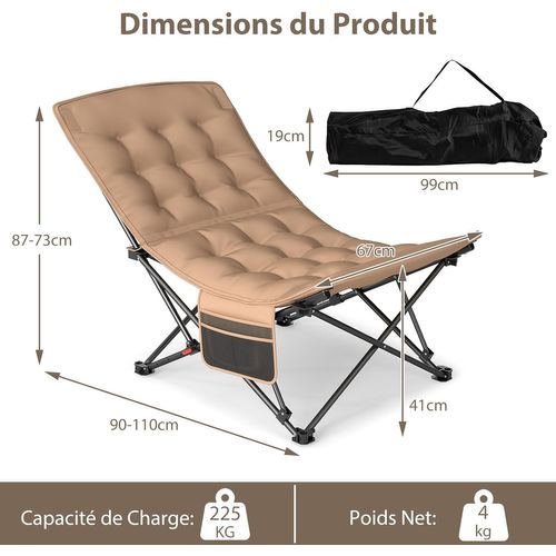 Chaise Pliante Camping, Réglable En 4 Positions, Siège Rembourré, Poche Latérale