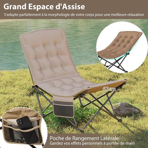 Chaise Pliante Camping, Réglable En 4 Positions, Siège Rembourré, Poche Latérale