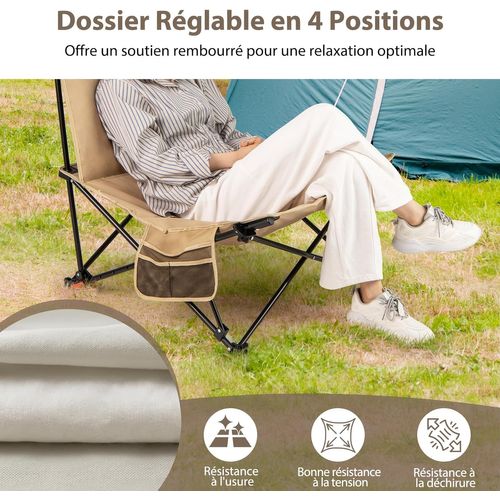 Chaise Pliante Camping, Réglable En 4 Positions, Siège Rembourré, Poche Latérale