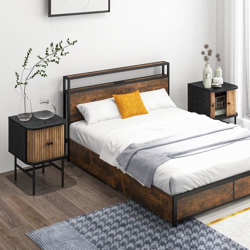 Table De Chevet Lot De 2, Bout De Canapé Avec Portes Coulissantes, Pieds En Métal,poignée Ronde