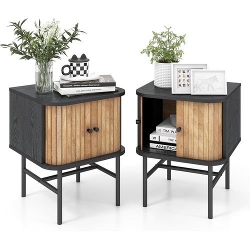 Table De Chevet Lot De 2, Bout De Canapé Avec Portes Coulissantes, Pieds En Métal,poignée Ronde