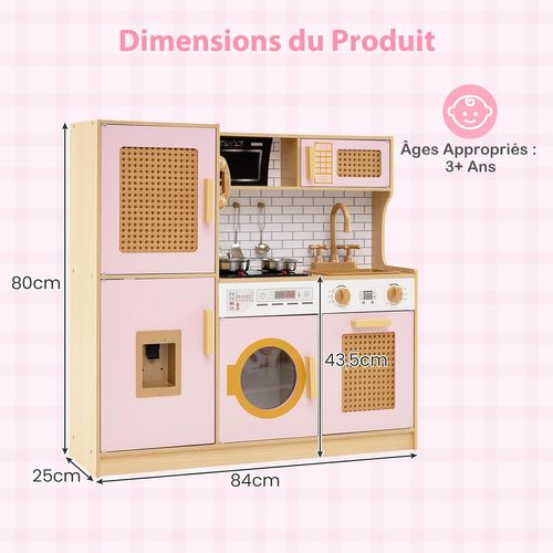 Cuisine Enfant 84x25x80cm Avec Lumière Et Sons, Distributeur D'eau, Machine à Laver,rose