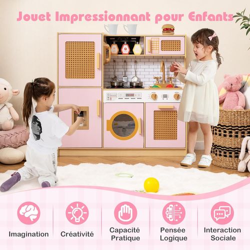Cuisine Enfant 84x25x80cm Avec Lumière Et Sons, Distributeur D'eau, Machine à Laver,rose