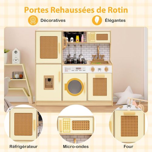 Cuisine Enfant 84x25x80cm Avec Lumière Et Sons, Distributeur D'eau, Machine à Laver,jaune