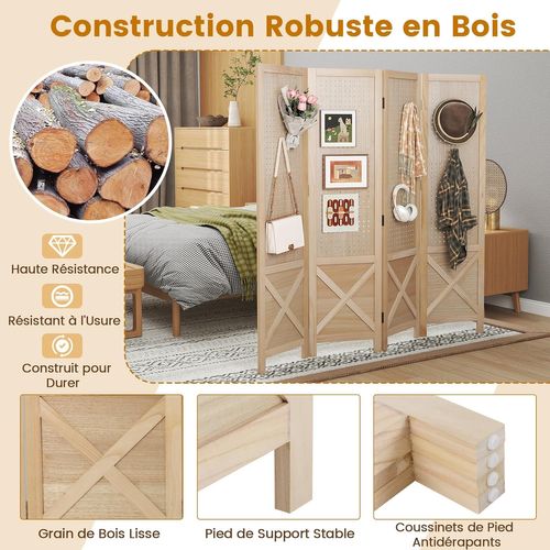 Paravent Interieur 4 Panneaux 153,5 X 144 Cm, Bois De Paulownia, Coussinets Antidérapants