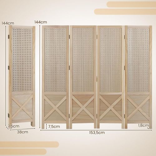 Paravent Interieur 4 Panneaux 153,5 X 144 Cm, Bois De Paulownia, Coussinets Antidérapants
