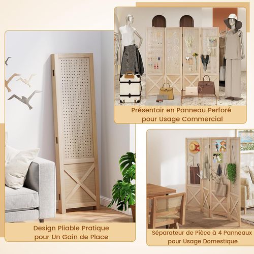 Paravent Interieur 4 Panneaux 153,5 X 144 Cm, Bois De Paulownia, Coussinets Antidérapants