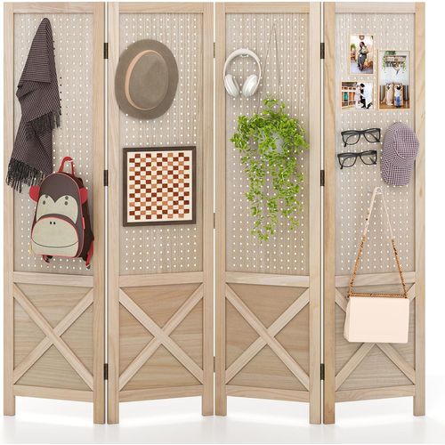 Paravent Interieur 4 Panneaux 153,5 X 144 Cm, Bois De Paulownia, Coussinets Antidérapants