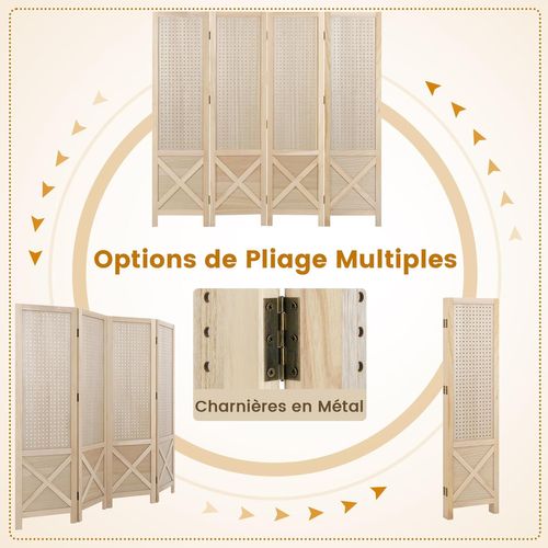 Paravent Interieur 4 Panneaux 153,5 X 144 Cm, Bois De Paulownia, Coussinets Antidérapants