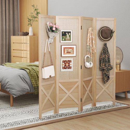 Paravent Interieur 4 Panneaux 153,5 X 144 Cm, Bois De Paulownia, Coussinets Antidérapants