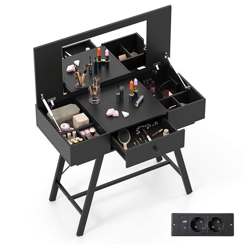 Coiffeuse Avec Miroir, Coiffeuse Avec Rangement, Station De Charge, Plateau Rabattable (noir)