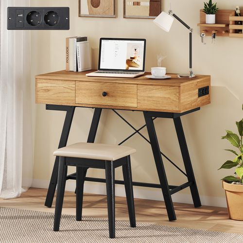 2 En 1 Coiffeuse Avec Miroir, Coiffeuse Avec Rangement, Station De Charge, 6 Compartiments (naturel)